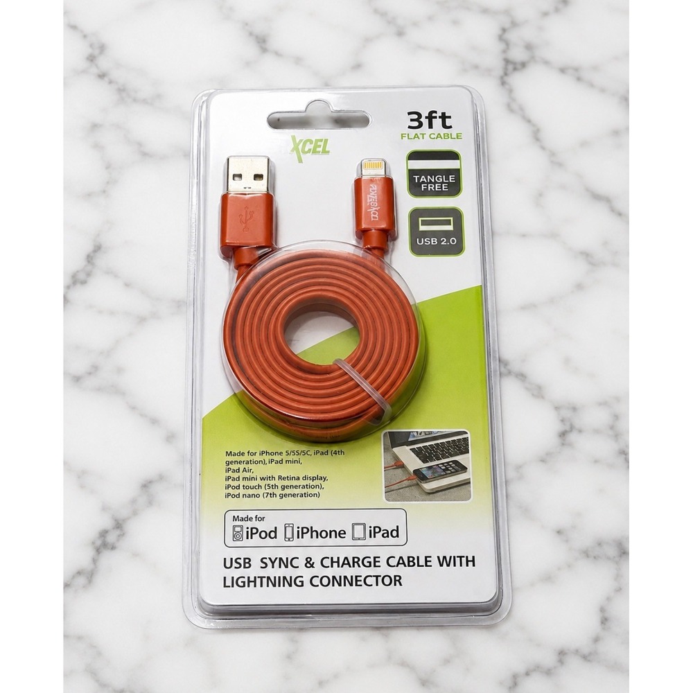 PowerXcel Lightning USB Charge Cable 3ft Orange New Flat Tangle Free